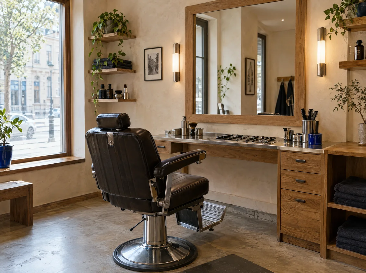 Ilustračný barber salón s kreslom a zrkadlom